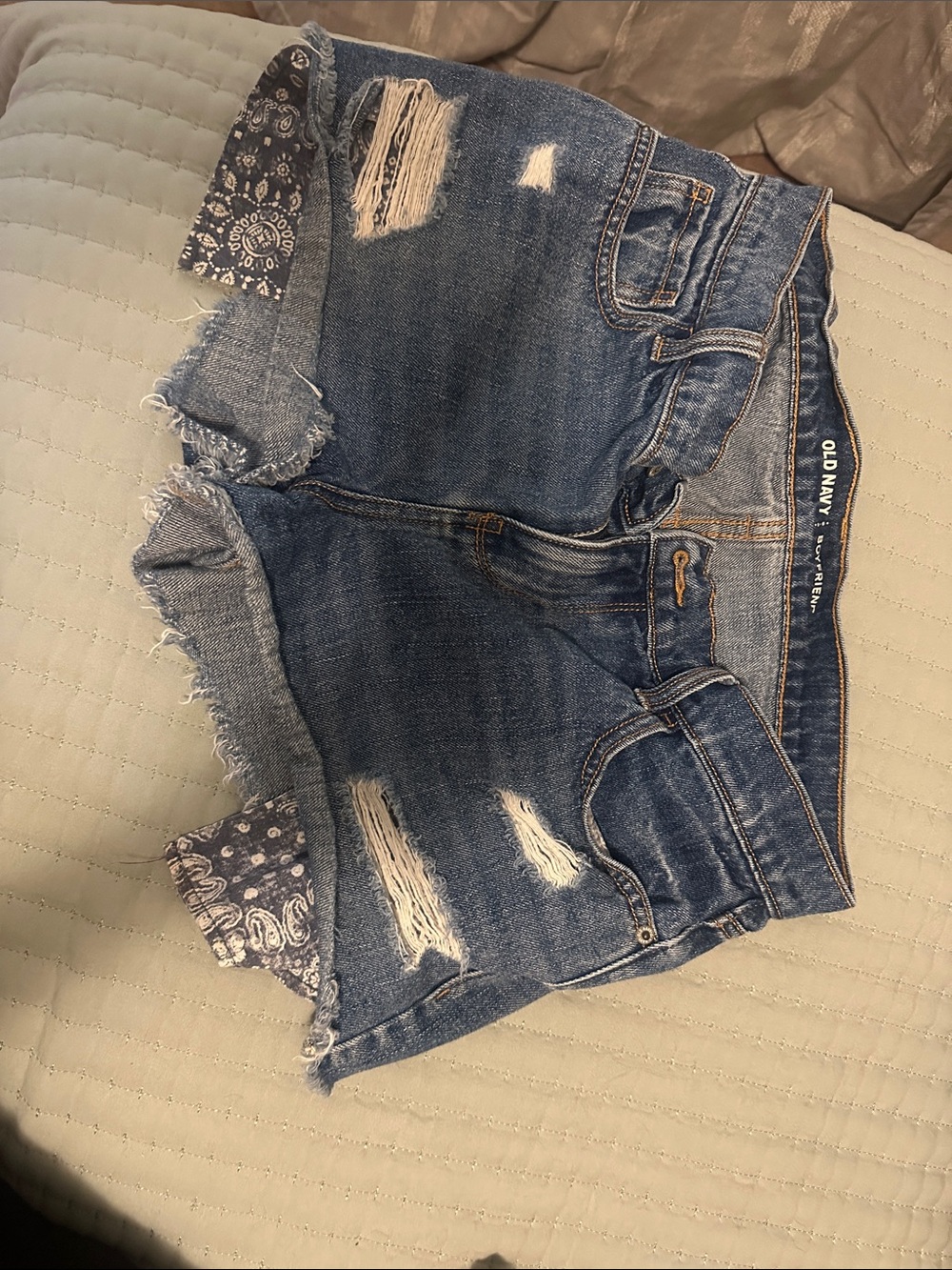 Old Navy Blue Distressed Denim Shorts with Bandana Trim
